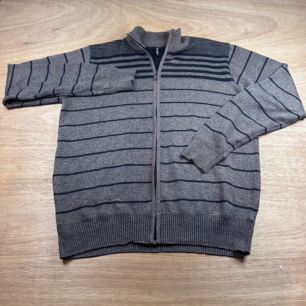 True Rock Mens L Brown Black Striped Full Zip Mock Neck Sweater Jacket
